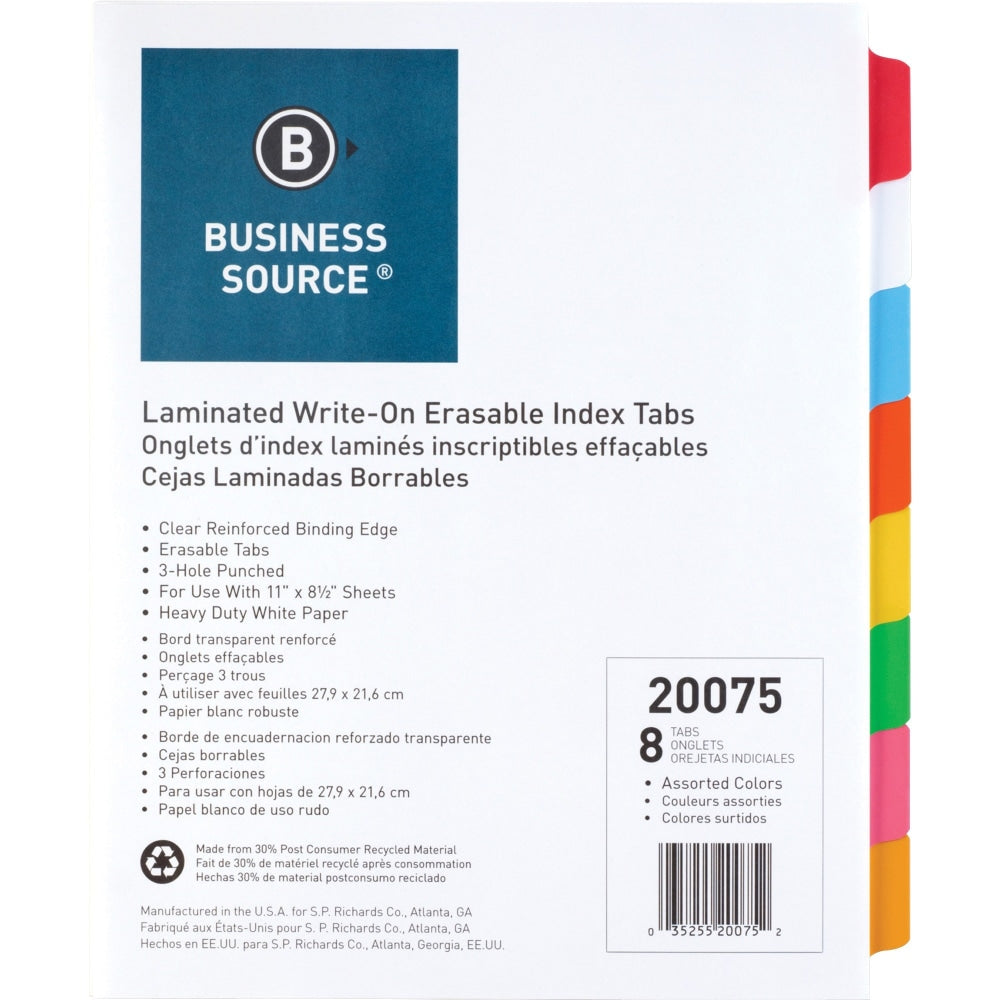 Business Source Laminated Write-On Tab Indexes - 8 Write-on Tab(s) - 8 Tab(s)/Set - 11in Tab Height x 8.50in Tab Width - 3 Hole Punched - Self-adhesive, Removable - Multicolor Mylar Tab(s) - Recycled