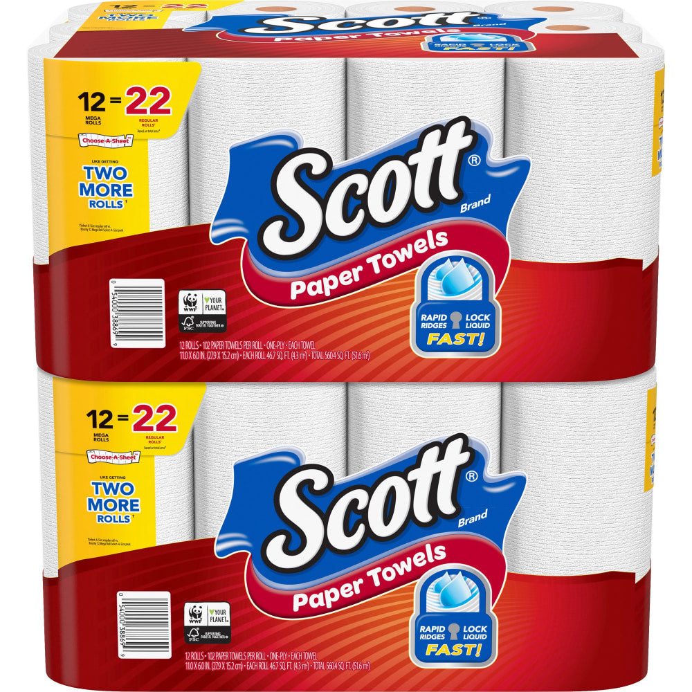 Scott Choose-A-Sheet Paper Towels - Mega Rolls - 1 Ply - 11in x 6in - 102 Sheets/Roll - White - 12 Per Pack - 2 / Carton