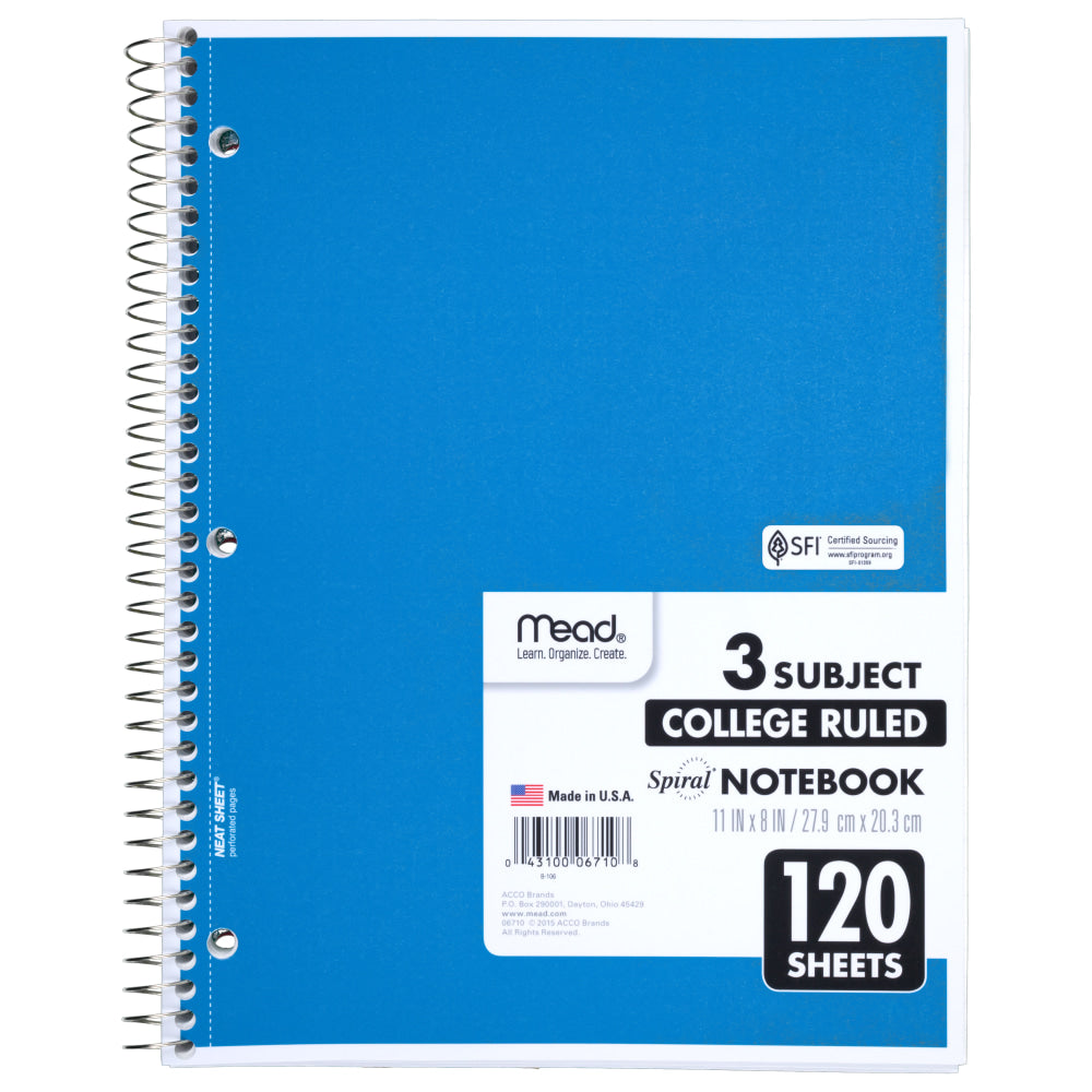 Mead Wirebound Notebook, 8 1/2in x 11in, 3 Subject, College Ruled, 120 Sheets, Assorted Colors