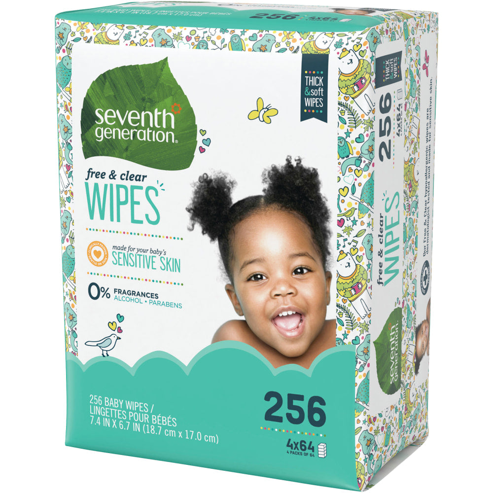 Seventh Generation Free & Clear Baby Wipes, Refill, Unscented, White, 256 Wipes Per Pack, Carton Of 3 Packs