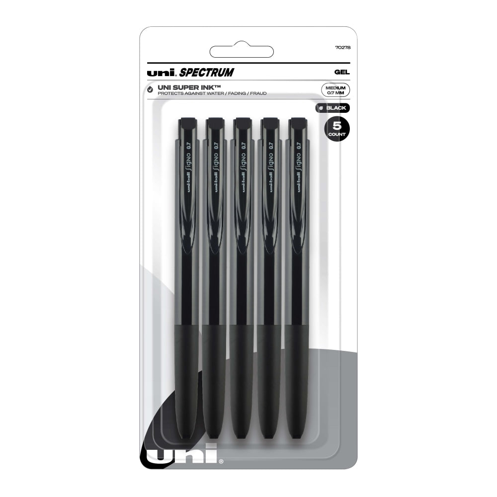 uni-ball Spectrum Retractable Gel Pens, Medium Point, 0.7 mm, Black Barrel, Black Ink, Pack Of 5 pens