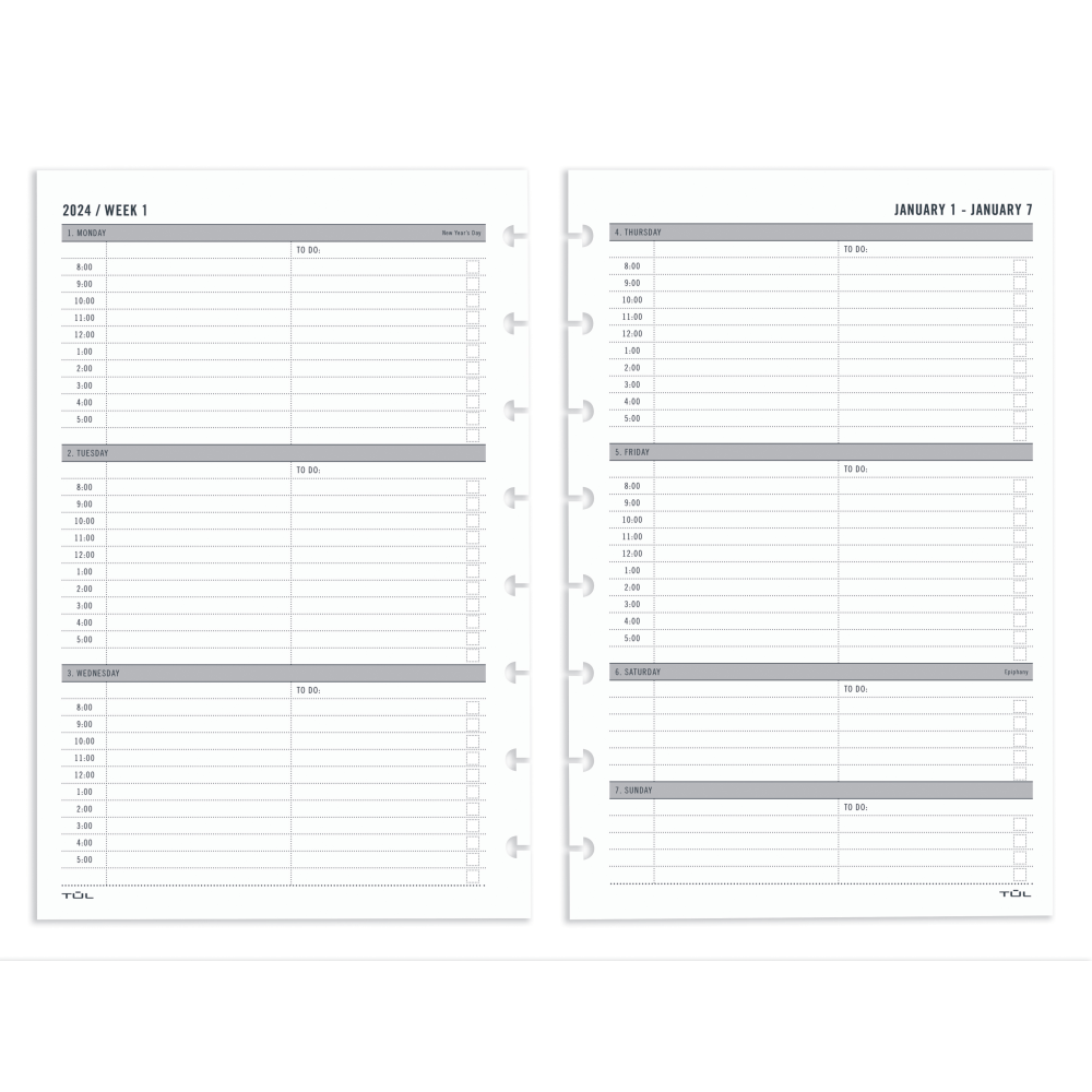 2024 TUL Discbound Weekly Planner Refill Pages, Hourly Appointment Times, Junior Size, January To December