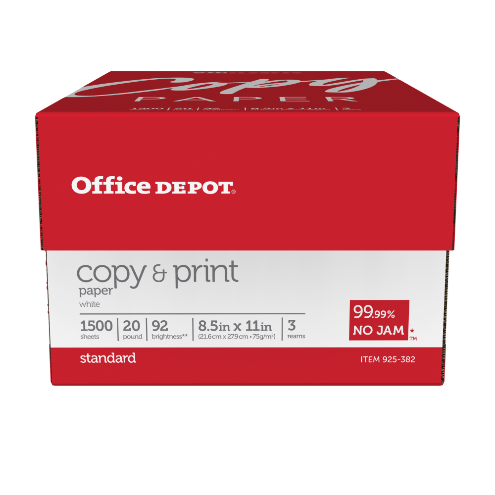 Office Depot Multi-Use Printer & Copy Paper, White, Letter (8.5in x 11in), 1500 Sheets Per Case, 20 Lb, 92 Brightness, Case Of 3 Reams