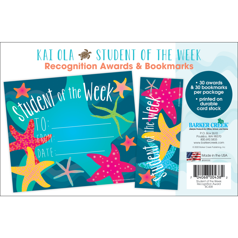 Barker Creek Kai Ola Awards & Bookmarks Set, Student of the Week, 8-1/2in x 5-1/2in, Set Of 30