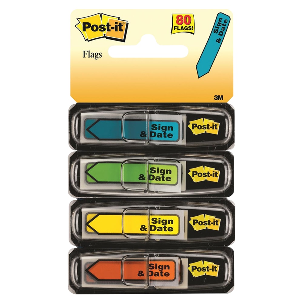 Post-it Sign-and-Date Message Flags, Assorted Bright Colors, 1/2in, Pack Of 80