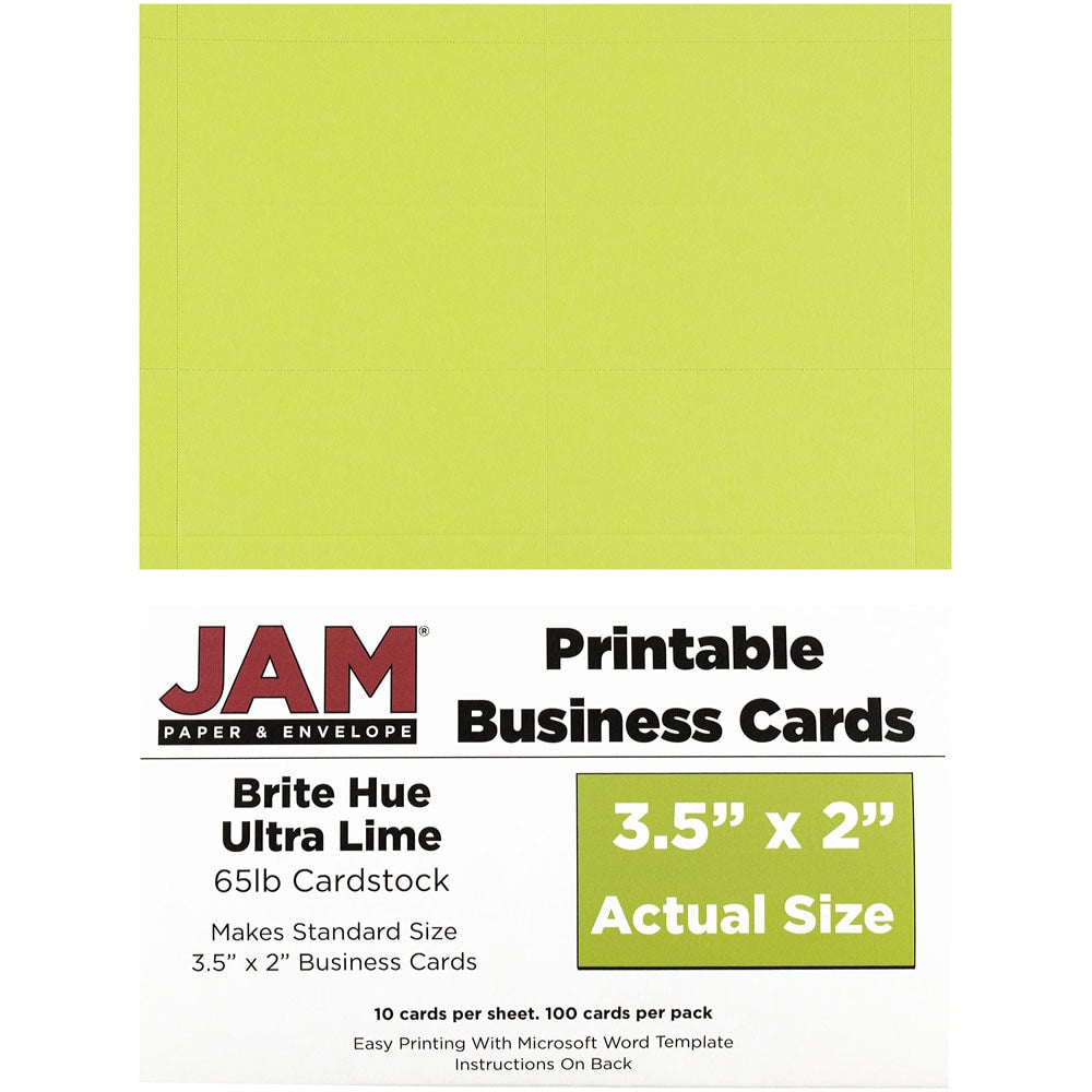 JAM Paper Printable Business Cards, 3 1/2in x 2in, Lime Green, 10 Cards Per Sheet, Pack Of 10 Sheets