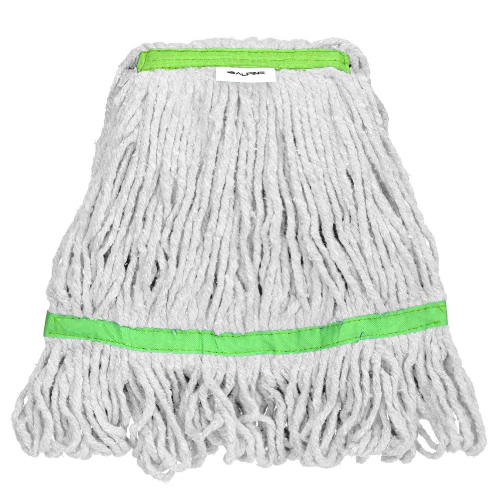 Alpine Industries Cotton Loop-End Mop Heads With 1in Head And Tail Bands, 24 Oz, White/Green, Set Of 12 Heads