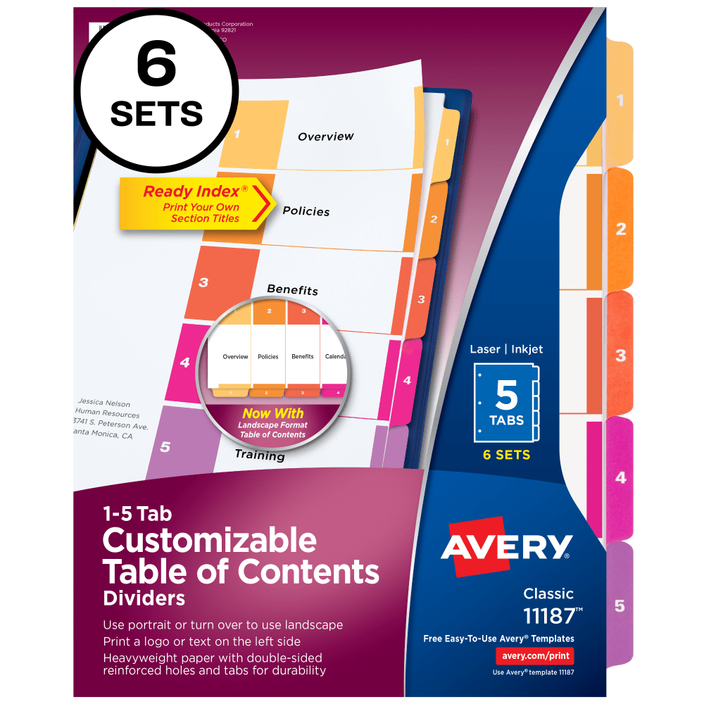 Avery Ready Index 1-5 Tab Binder Dividers With Customizable Table Of Contents, 8-1/2in x 11in, 5 Tab, White/Multicolor, Pack Of 6 Sets