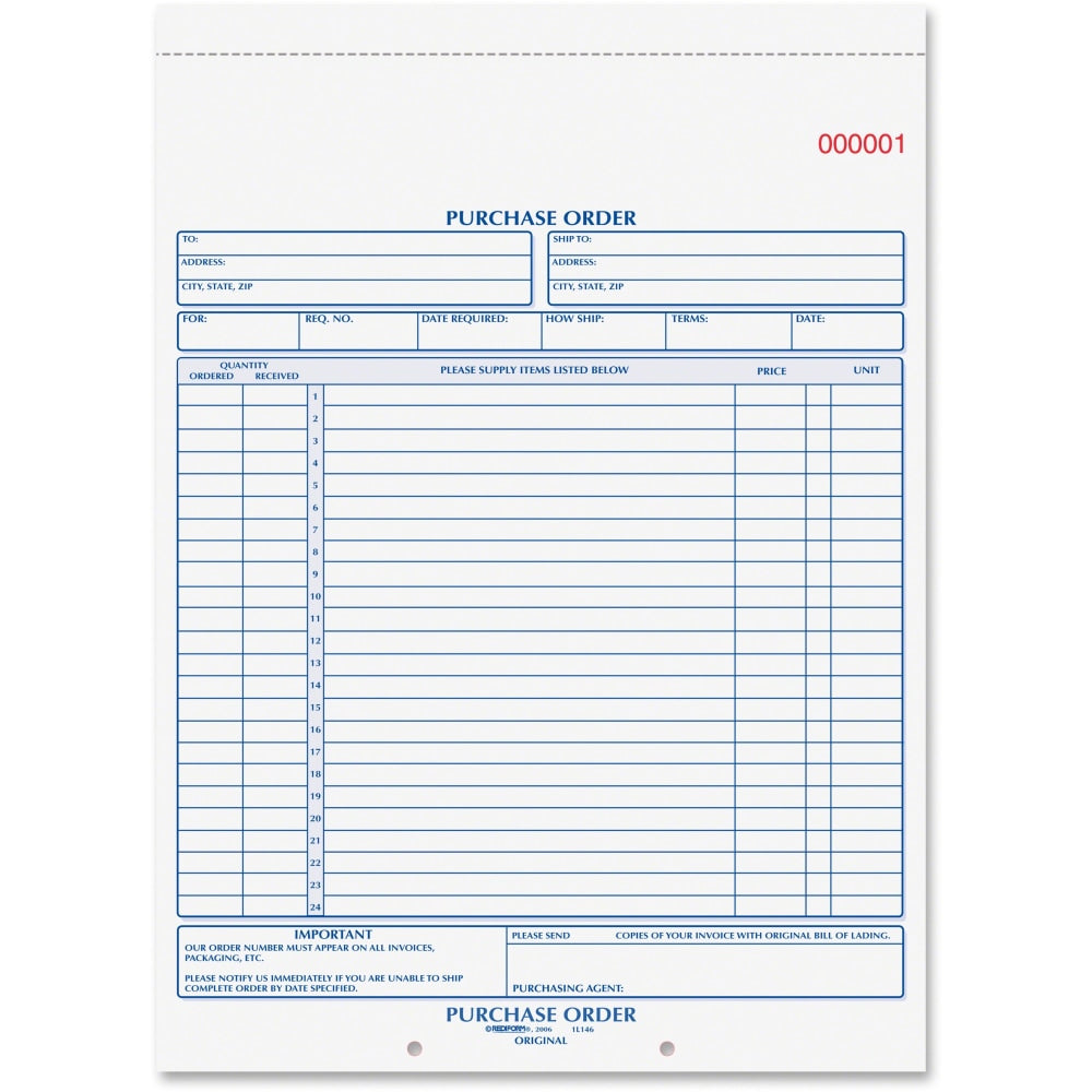 Rediform 2-part Carbonless Purchase Order Book - 50 Sheet(s) - 2 PartCarbonless Copy - 8.50in x 11in Sheet Size - Assorted Sheet(s) - Blue Print Color - 1 Each