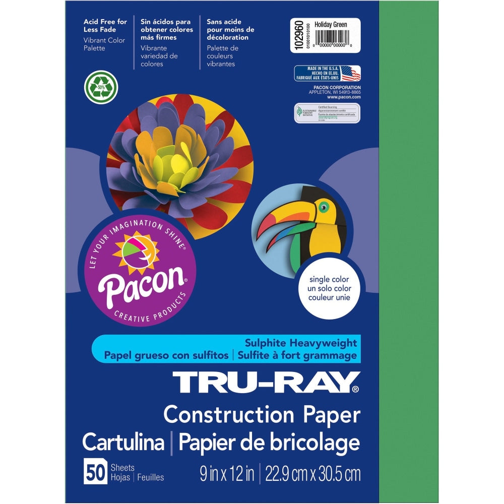 Tru-Ray Construction Paper, 50% Recycled, 9in x 12in, Holiday Green, Pack Of 50