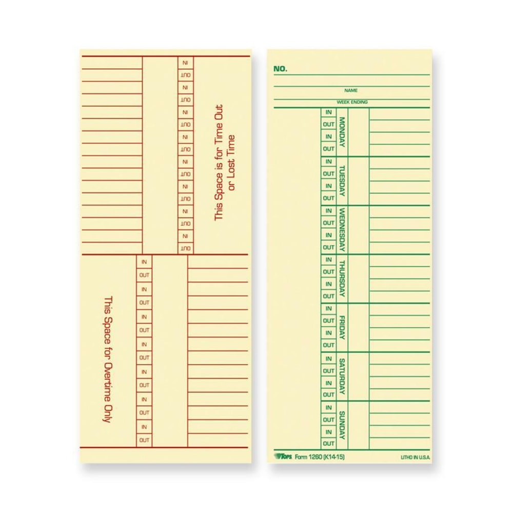 TOPS Named Days/Overtime Time Cards - 3.37in x 8.25in Sheet Size - Yellow - Manila Sheet(s) - Green, Red Print Color - 100 / Pack