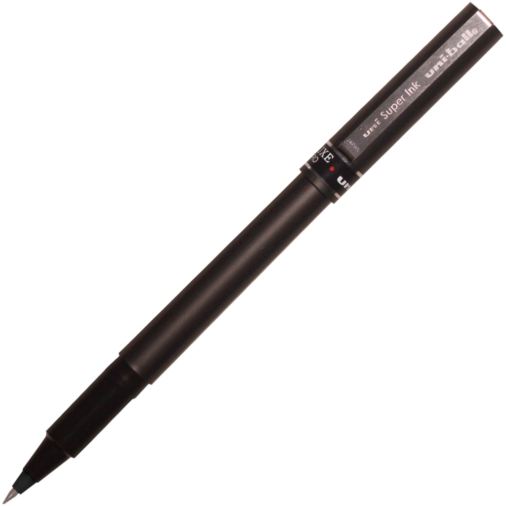 uni-ball Deluxe Rollerball Pens, Micro Point, 0.5 mm, Charcoal Barrel, Black Ink, Pack Of 12