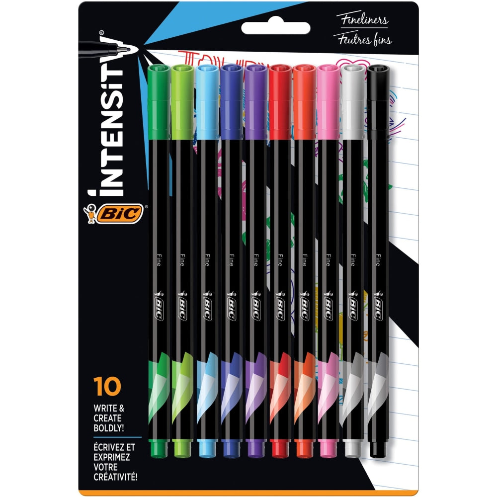 BIC Intensity Fineliner Marker Pens, Fine Point, 0.4 mm, Assorted Ink Colors, Pack Of 10 Pens