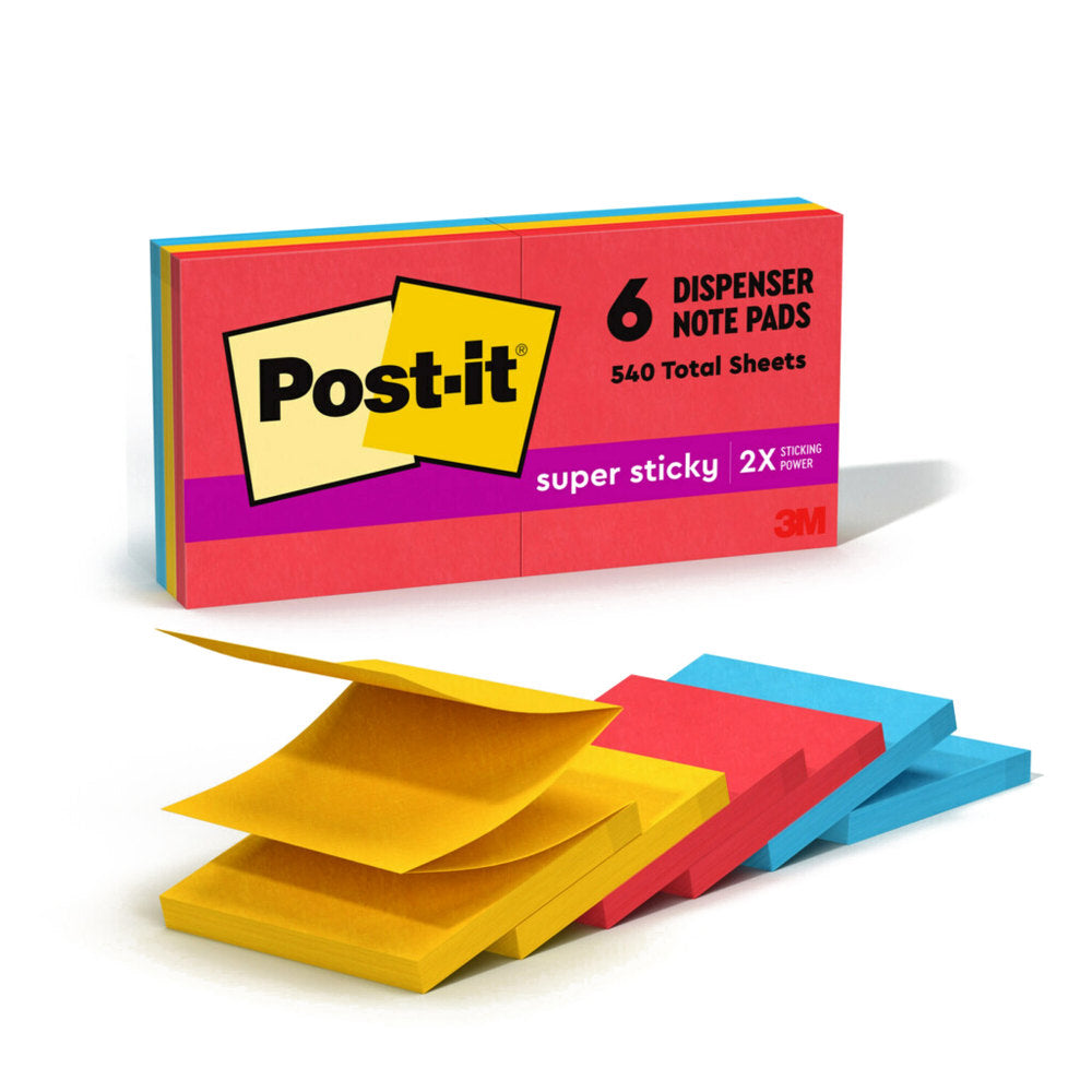 Post-it Super Sticky Pop Up Notes, 3 in x 3 in, 6 Pads, 90 Sheets/Pad, 2x the Sticking Power, Playful Primaries Collection