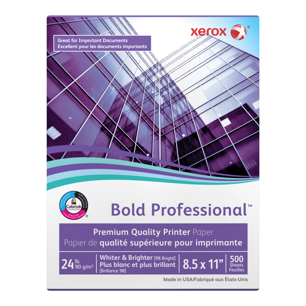 Xerox Bold Professional Premium Quality Inkjet Or Laser Paper, Letter Size (8 1/2in x 11in), Ream Of 500 Sheets, FSC Certified, 24 Lb, 98 Brightness