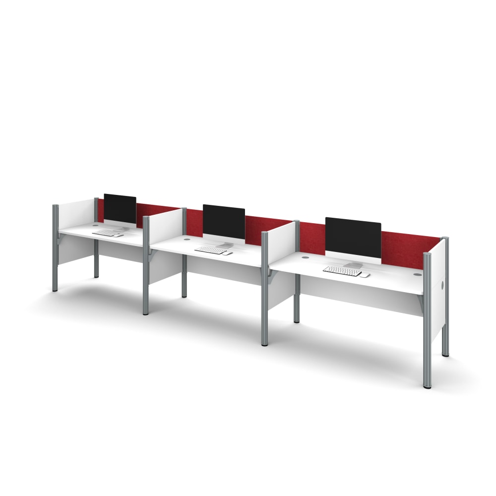 Bestar Pro-Biz 183inW 3-Person Computer Desk Office Cubicles With Tack Boards And Low Privacy Panels, Red/White