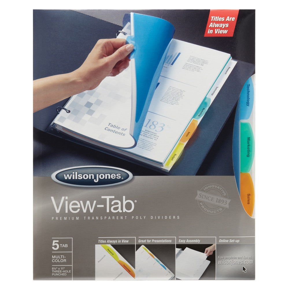 Wilson Jones View-Tab Transparent Dividers, 5-Tab, Square, Multicolor, Pack Of 5 Sets