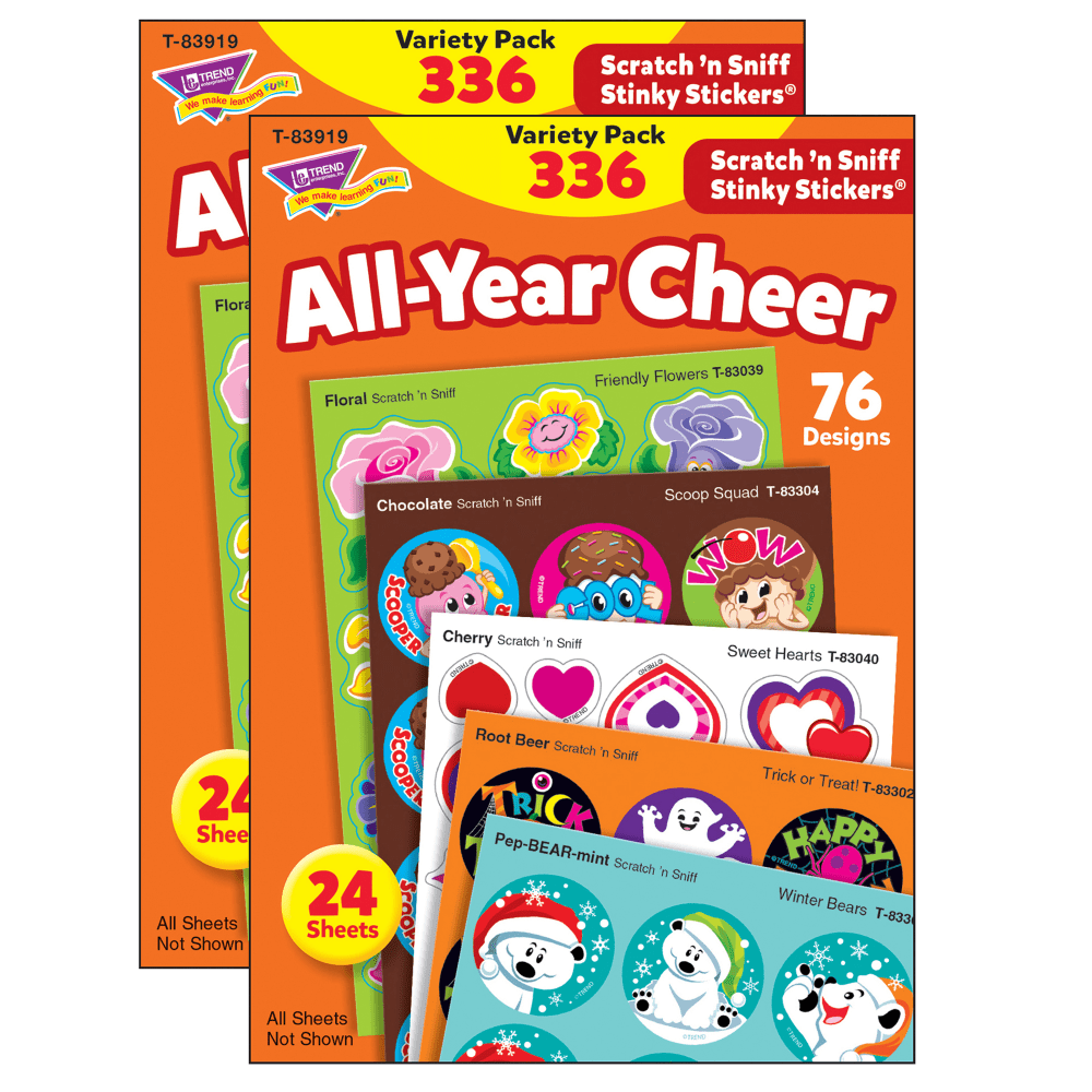 Trend Stinky Stickers, 1in, All Year Cheer, 336 Stickers Per Pack, Set Of 2 Packs