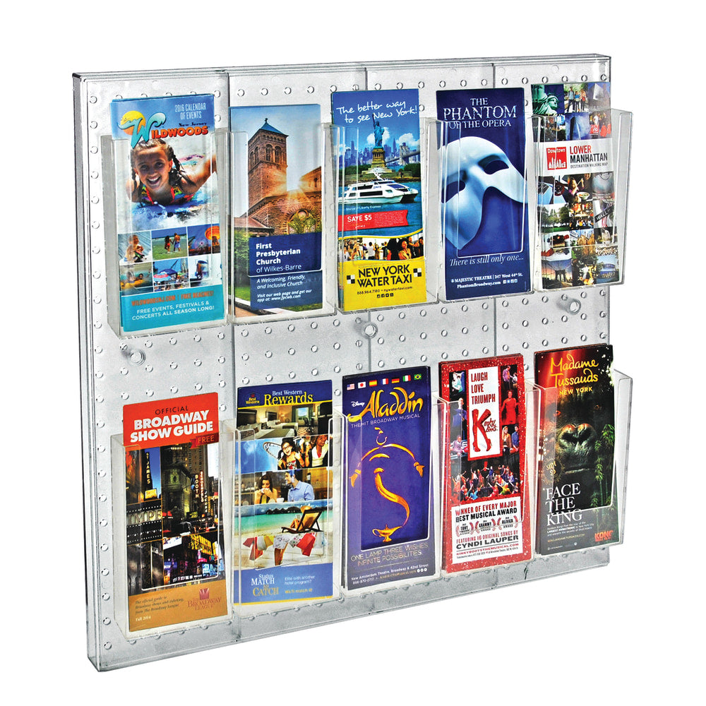 Azar Displays 10-Pocket Acrylic Tri-Fold Pegboard Wall Brochure Holder, 24inH x 24inW x 7/8inD, Clear