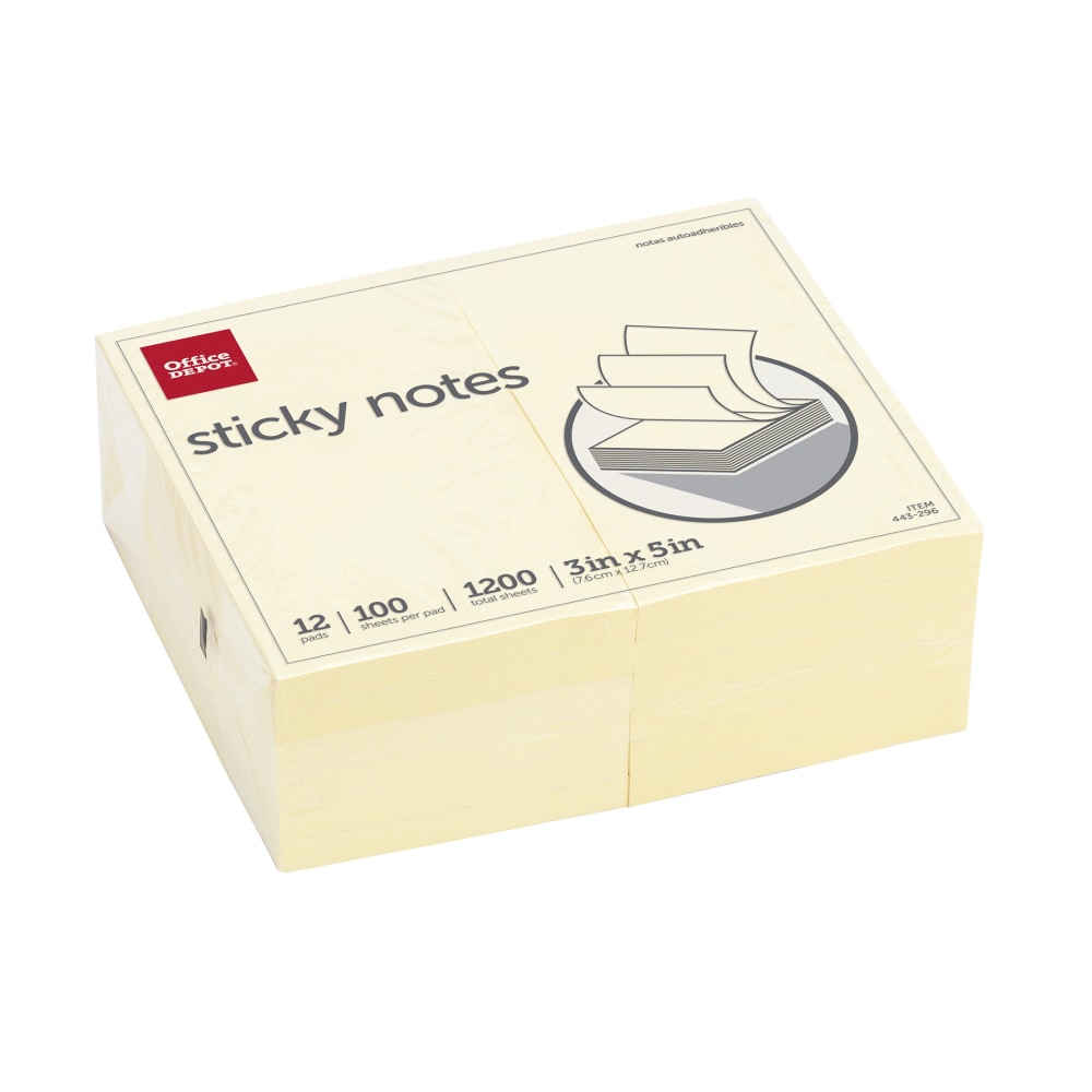 Office Depot Brand Sticky Notes, 3in x 5in, Yellow, 100 Sheets Per Pad, Pack Of 12 Pads