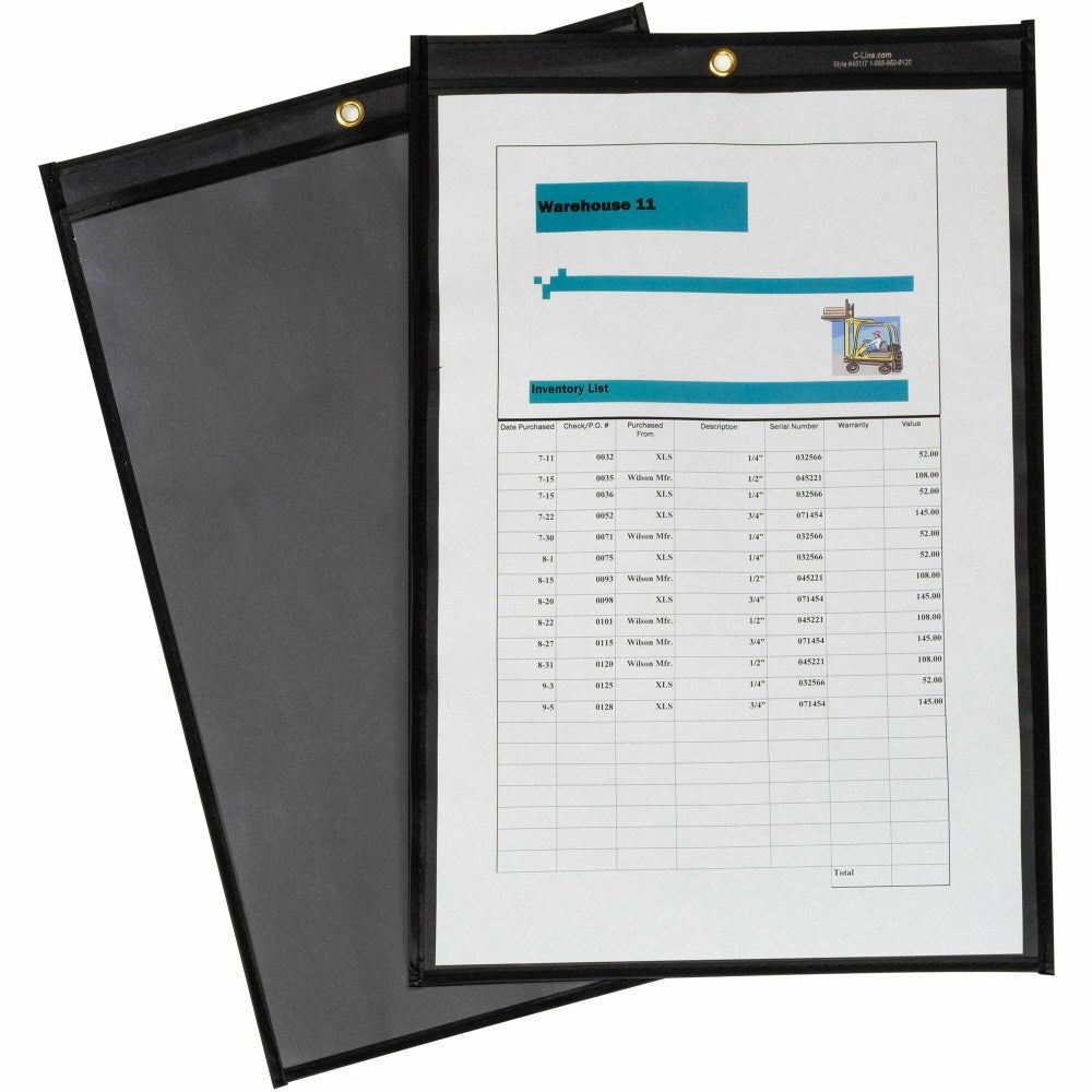 C-Line Stitched Shop Ticket Holders - Support 8.50in x 14in , 11in x 14in Media - Vinyl - 25 / Box - Black, Clear - Heavy Duty