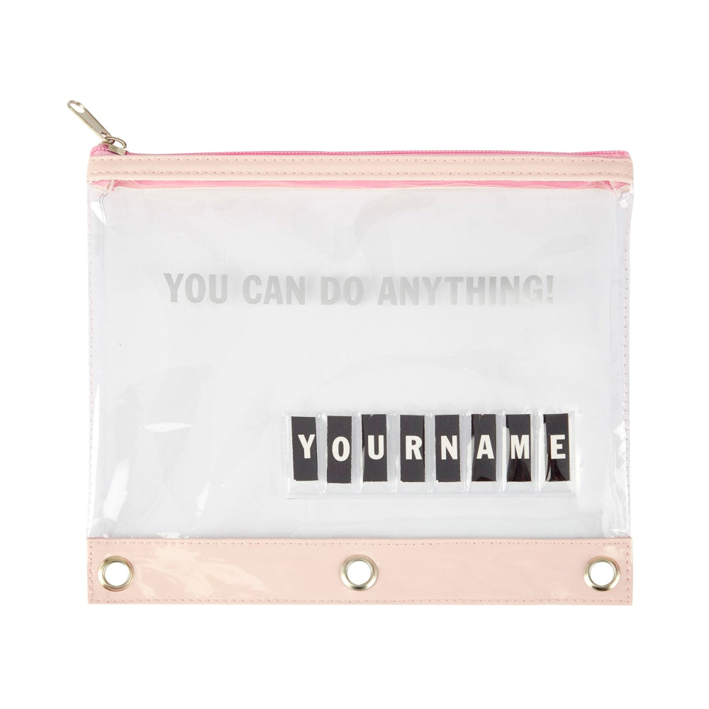 Office Depot Brand Personalized 3-Ring Pencil Pouch, 9-1/8in x 7-15/16in, Clear/Pink