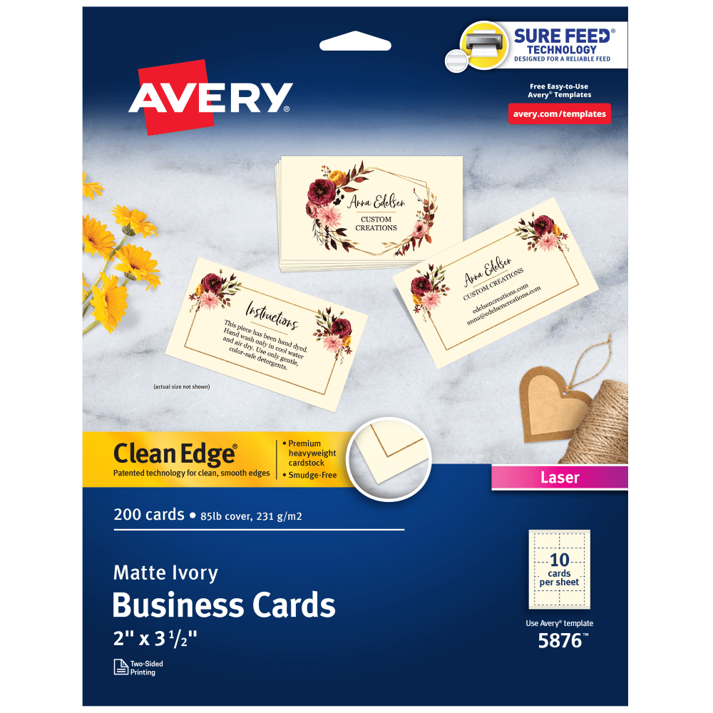 Avery Clean Edge Printable Business Cards With Sure Feed Technology For Laser Printers, 2in x 3.5in, Ivory, 200 Blank Cards