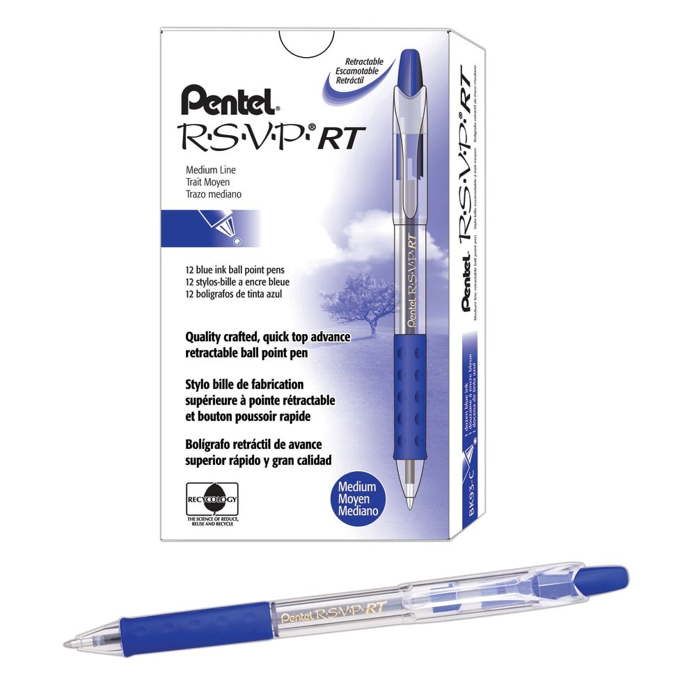 Pentel R.S.V.P. RT Retractable Ballpoint Pens, Medium Point, 1.0 mm, 61% Recycled, Transparent Blue Barrel, Blue Ink, Pack Of 12 Pens