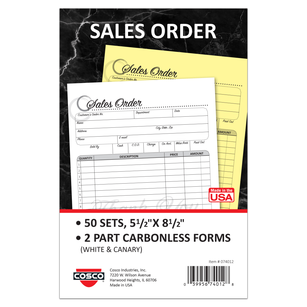 COSCO Sales Order Form Book With Slip, 2-Part Carbonless, 5-1/2in x 8-1/2in, Script, Book Of 50 Sets