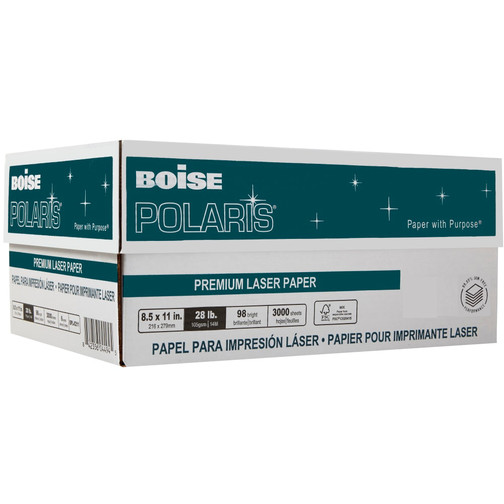 Boise POLARIS Premium Laser Paper, White, Letter Size (8 1/2in x 11in), 500 Sheets Per Ream, Case Of 6 Reams, FSC Certified, 28 Lb, 98 Brigtness