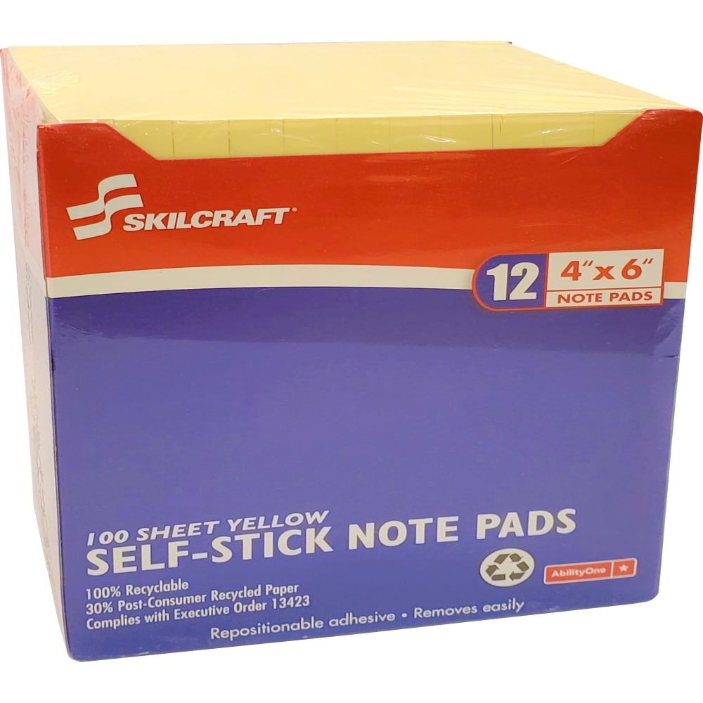 SKILCRAFT Self-Stick Note Pads, 4in x 6in, Yellow, 100 Sheets Per Pad, Pack Of 12 Pads (AbilityOne 7530-01-285-8355)