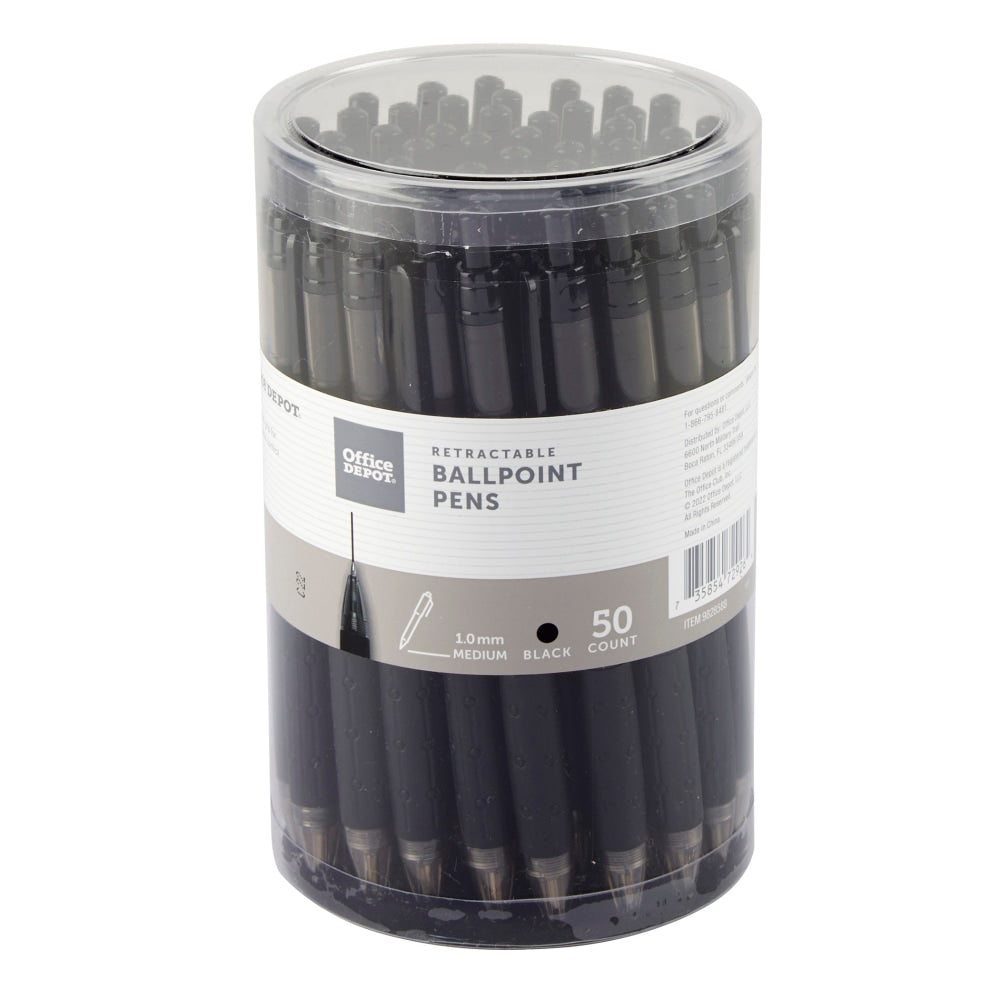 Office Depot Brand Retractable Ballpoint Pens With Grips, Medium Point, 1.0 mm, Black Barrels, Black Ink, Pack Of 50 Pens