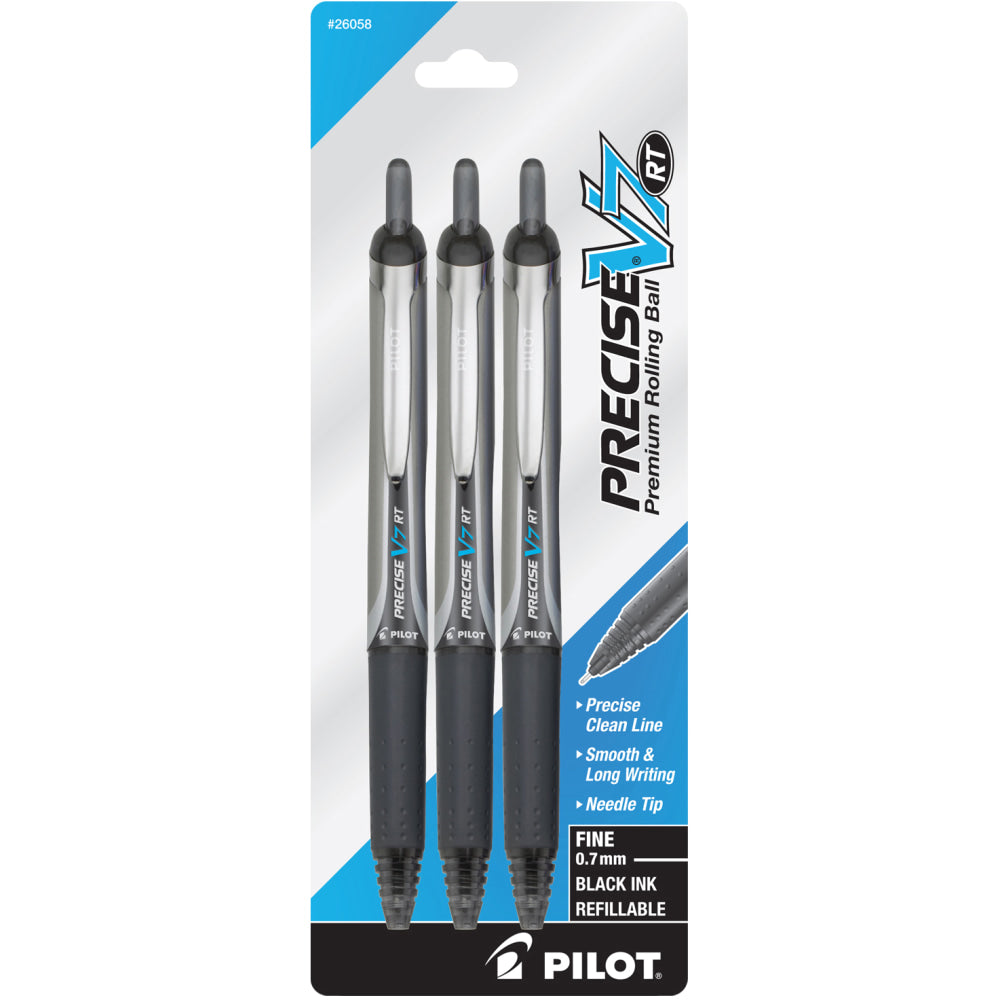 Pilot Precise V7 Liquid Ink Retractable Rollerball Pens, Fine Point, 0.7 mm, Assorted Barrel Colors, Black Ink, Pack Of 3 Pens