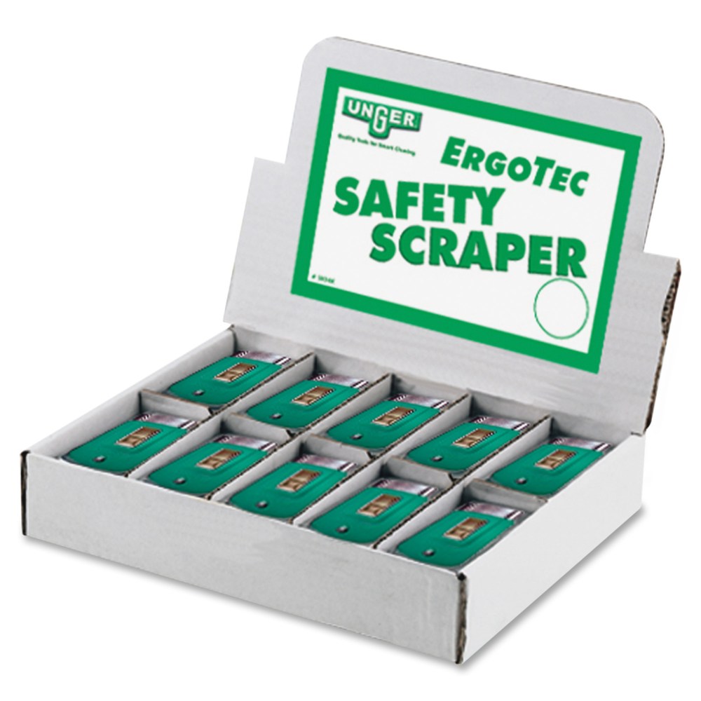 Unger Safety Scrapers - 1.50in Blade - Retractable, Safety Lock, Non-slip Grip - Green - 50 / Carton