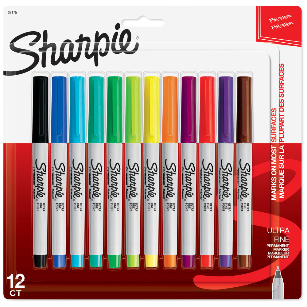 Sharpie Permanent Ultra-Fine Point Markers, Assorted Colors, Pack Of 12 Markers