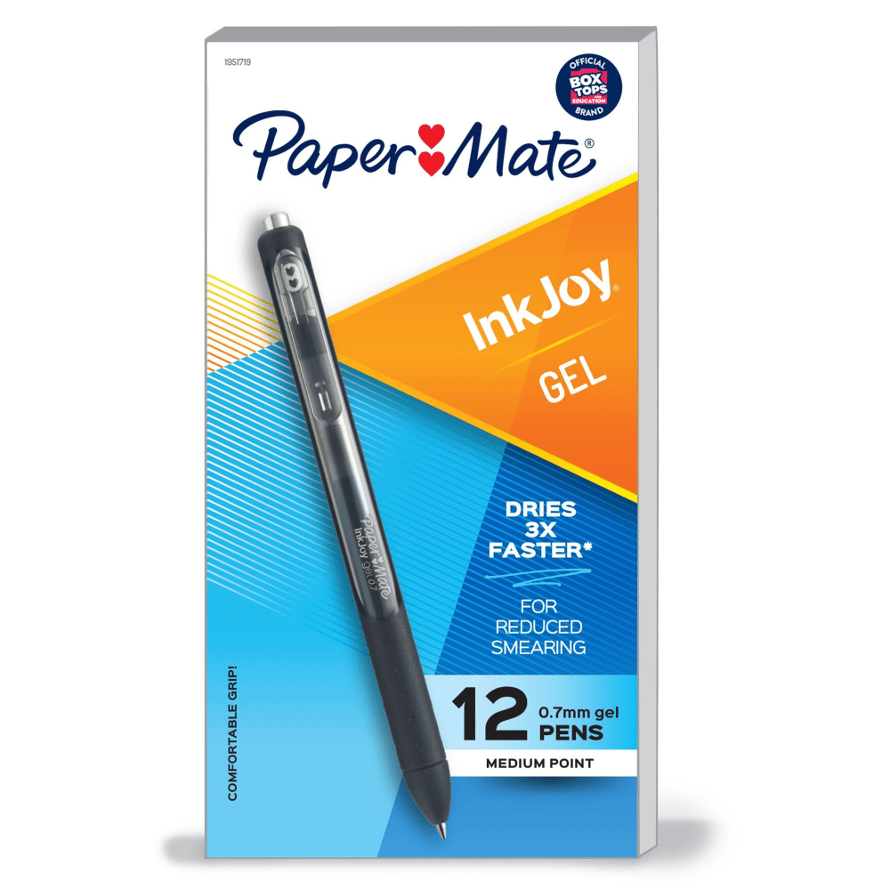 Paper Mate InkJoy Gel Pens, Medium Point, 0.7 mm, Black Barrel, Black Ink, Pack Of 12