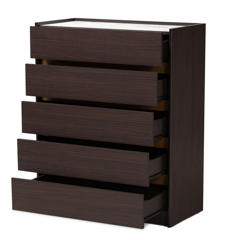 Baxton Studio Walker 5-Drawer Chest, 39-7/16inH x 31-1/2inW x 15-3/4inD, Dark Brown/Marble/Gold