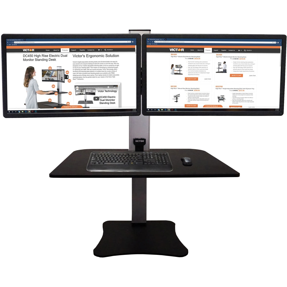 Victor High Rise Electric Triple Monitor Standing Desk - 23in to 34in Screen Support - 37.50 lb Load Capacity - 20in Height x 28in Width x 23in Depth - Desktop, Tabletop - High Pressure Laminate (HPL) - Wood, Steel, Aluminum - Black, Aluminum