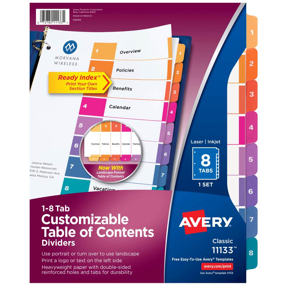 Avery Ready Index 1-8 Tab Binder Dividers With Customizable Table Of Contents, 8-1/2in x 11in, 8 Tab, White/Multicolor, 1 Set