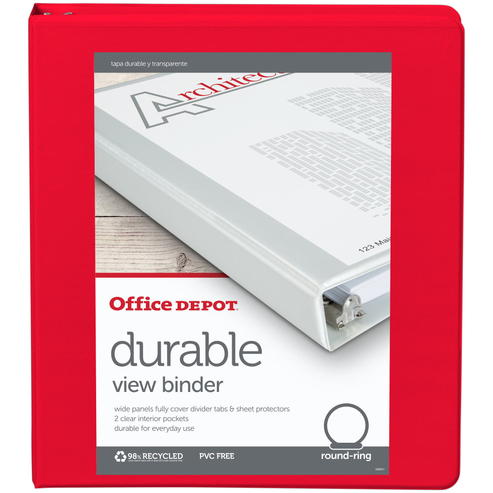 Office Depot Brand 3-Ring Durable View Binder, 1in Round Rings, Red