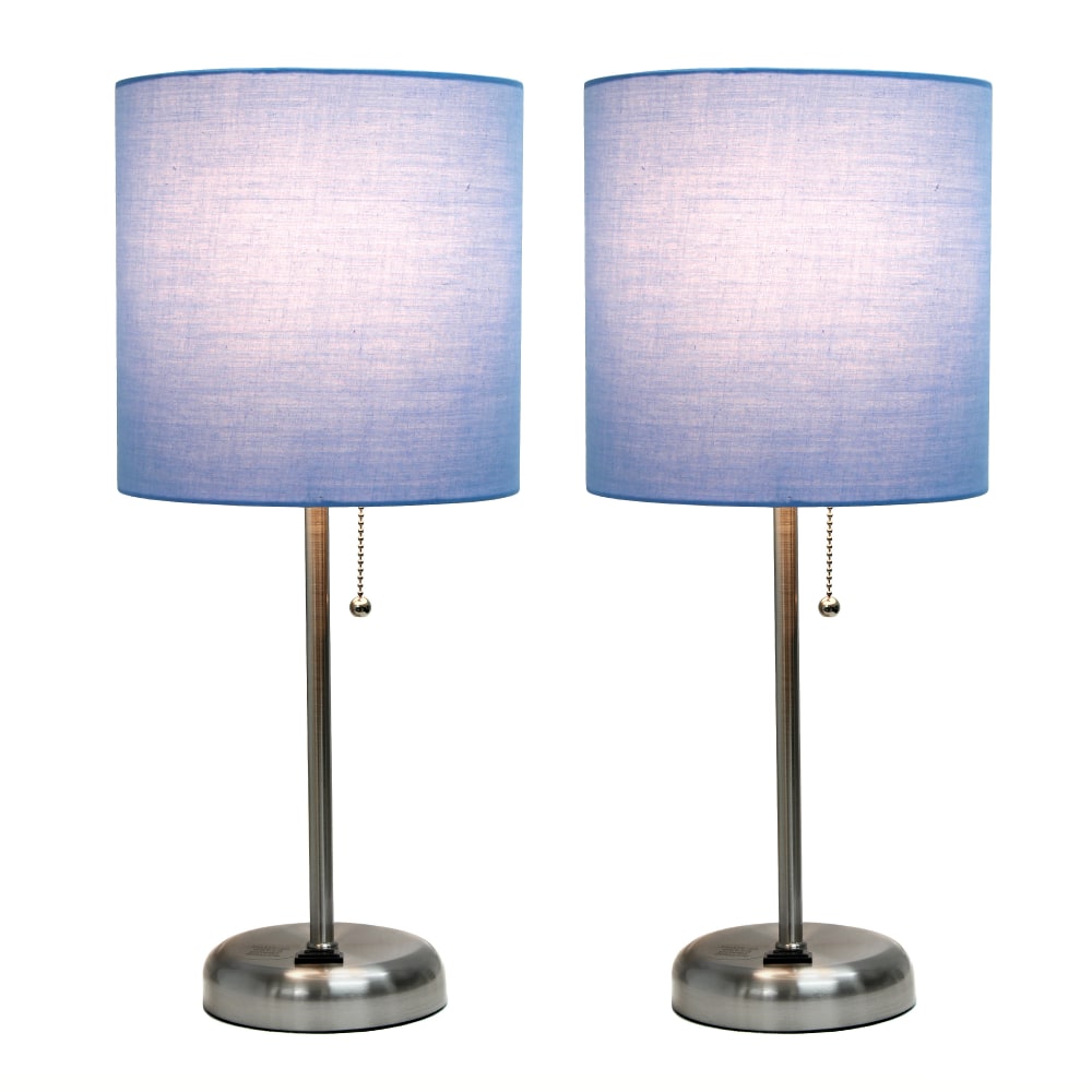 LimeLights Brushed Steel Stick Lamp with Charging Outlet and Blue Fabric Shade 2 Pack Set