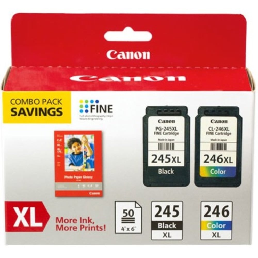 Canon PG-245XL Black/CL-246XL Tri-Color High-Yield Ink Cartridges And Paper, Pack Of 2, 8278B005