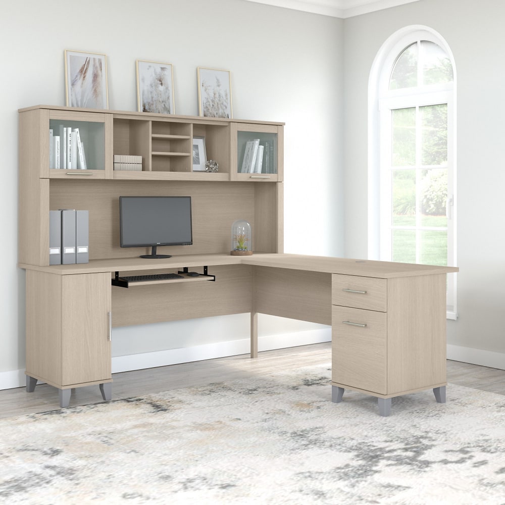 Bush Furniture Somerset 72inW L-Shaped Desk With Hutch, Sand Oak, Standard Delivery