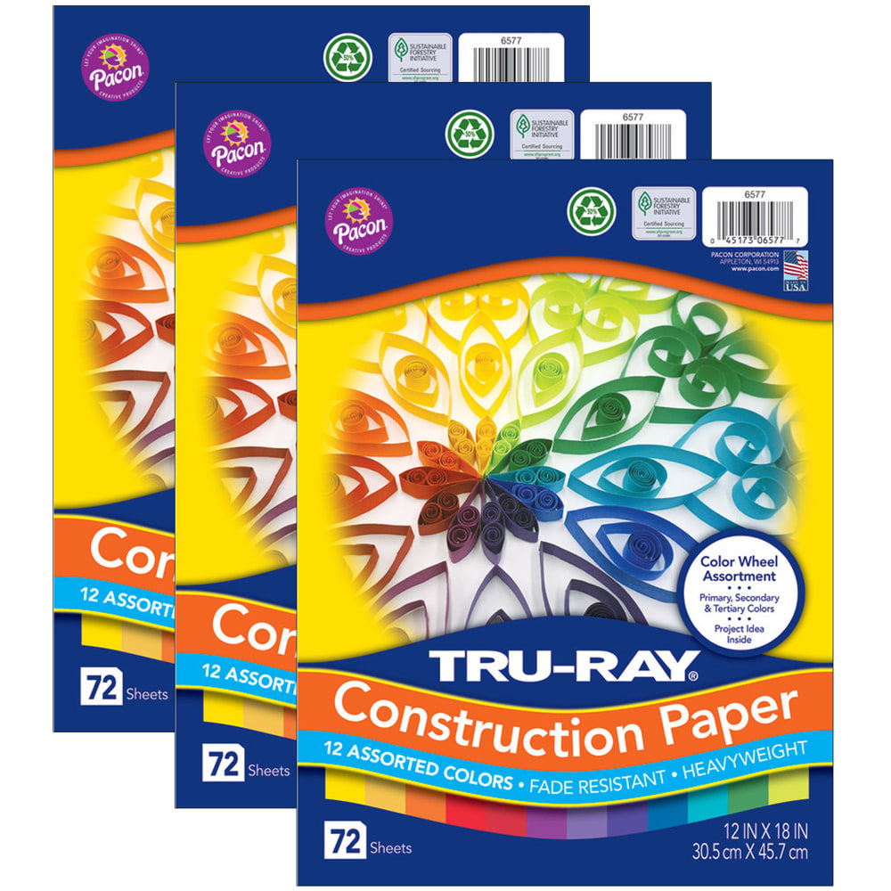 Tru-Ray Color Wheel Paper Assortment, 12in x 18in, Assorted Colors, 72 Sheets Per Pack, Set Of 3 Packs