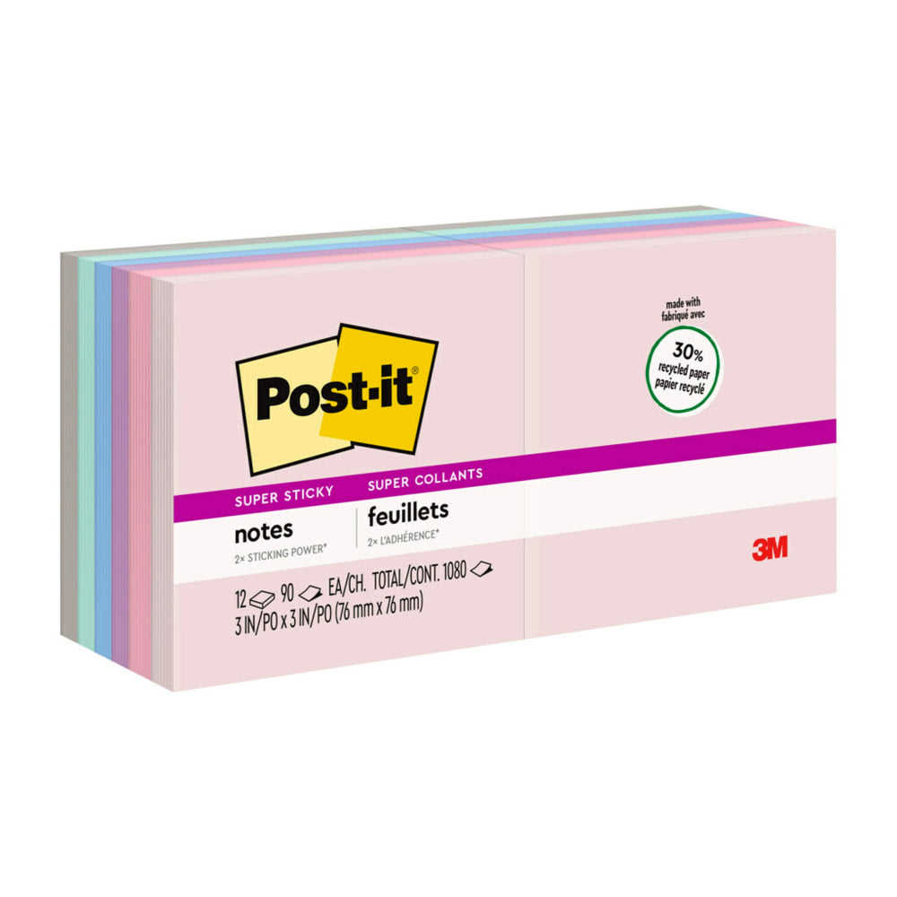 Post-it Recycled Super Sticky Notes, 3 in x 3 in, 12 Pads, 90 Sheets/Pad, 2x the Sticking Power, Wanderlust Pastels Collection, 30% Recycled