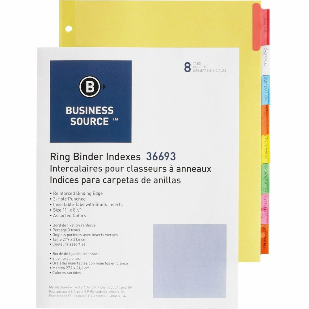 Business Source Insertable Tab Ring Binder Indexes, 8-1/2in x 11in, Multicolor, Set of 8