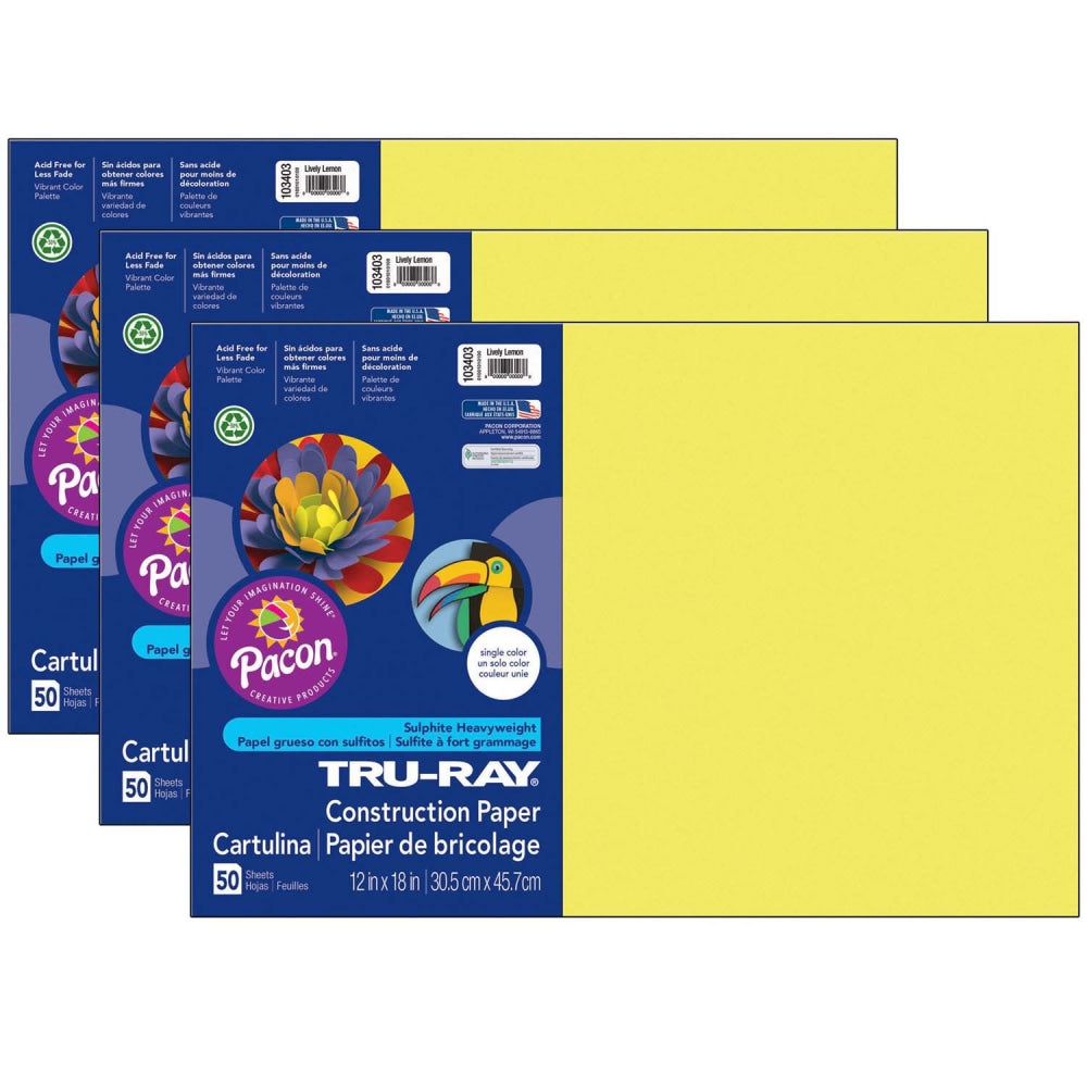 Tru-Ray Construction Paper, 12in x 18in, Lively Lemon, 50 Sheets Per Pack, Set Of 3 Packs