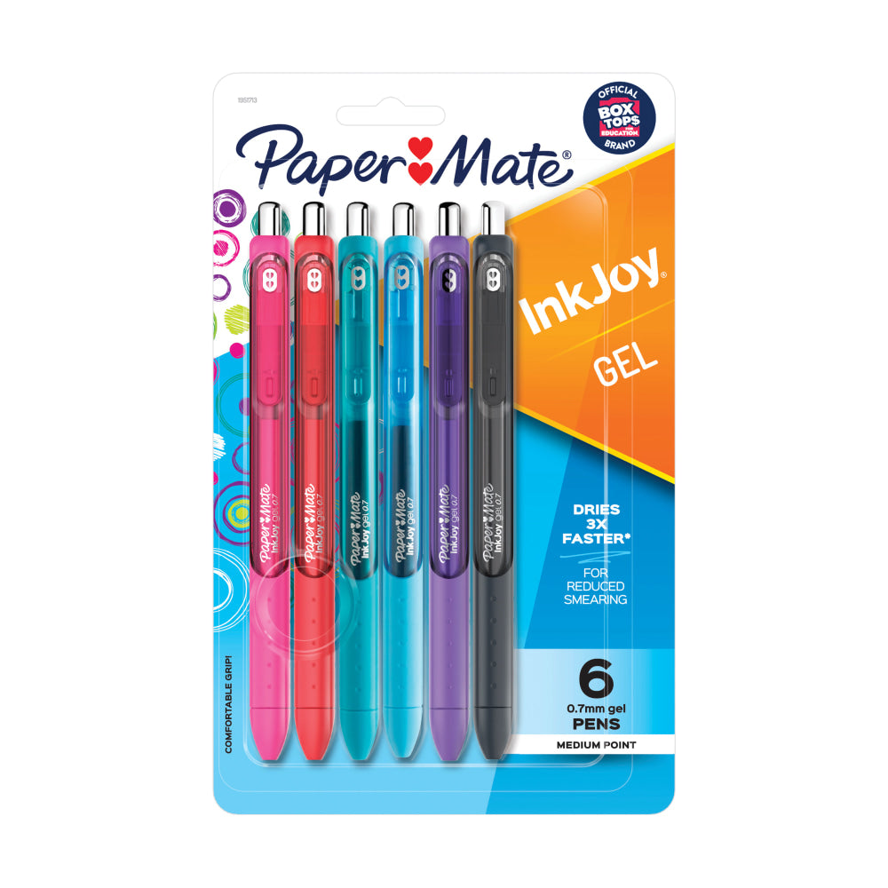 Paper Mate InkJoy Retractable Gel Pens, Medium Point, 0.7 mm, Assorted Barrel Colors, Assorted Ink Colors, Pack Of 6