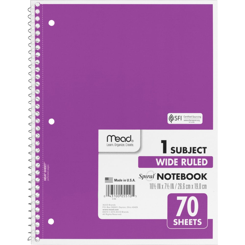 Mead Spiral Notebooks, 8-1/2in x 10-1/2in, 1 Subject, Wide Ruled, 70 Sheets, Assorted Colors, Pack Of 6 Notebooks