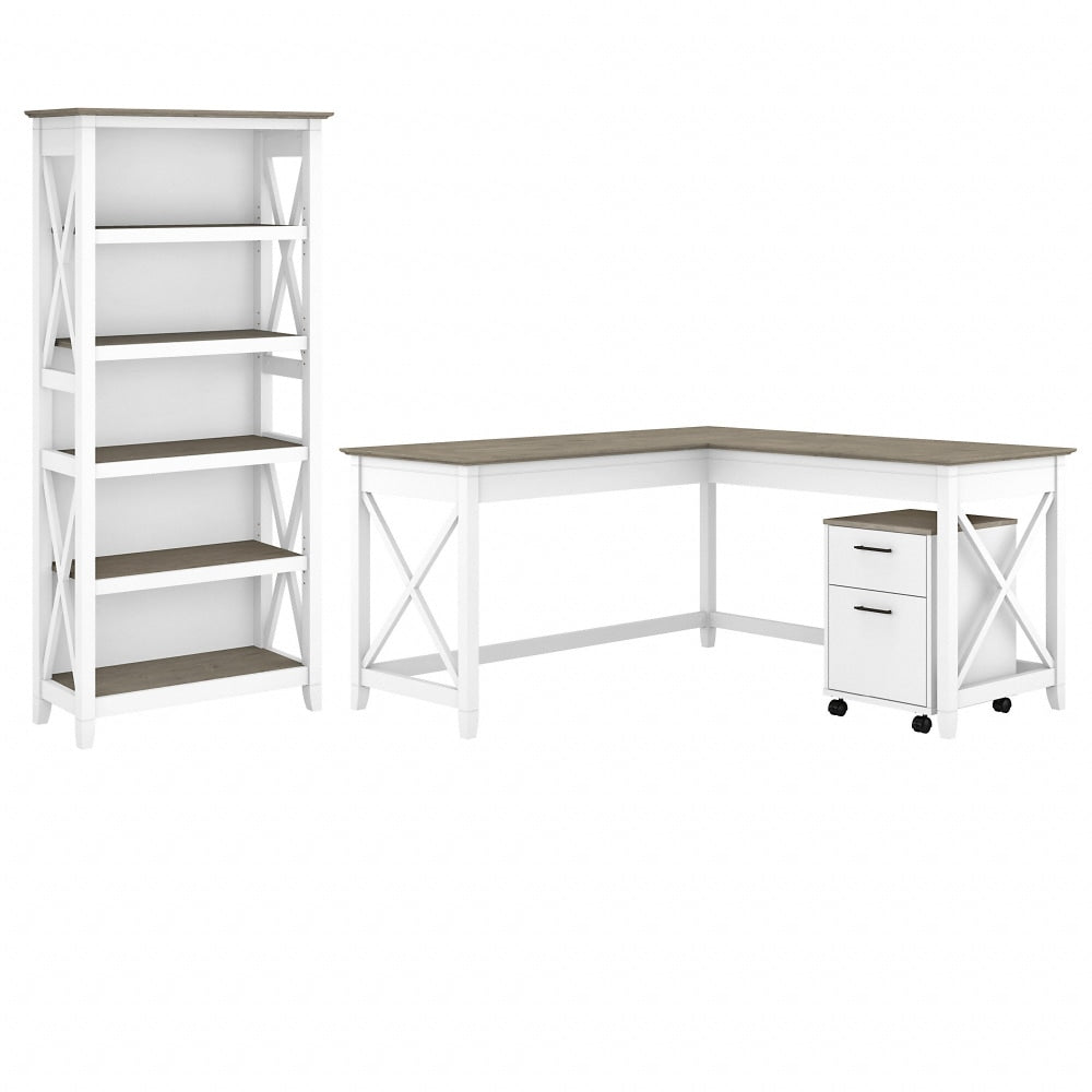 Bush Business Furniture Key West 60inW L-Shaped Corner Desk With 2-Drawer Mobile File Cabinet And 5-Shelf Bookcase, Shiplap Gray/Pure White, Standard Delivery